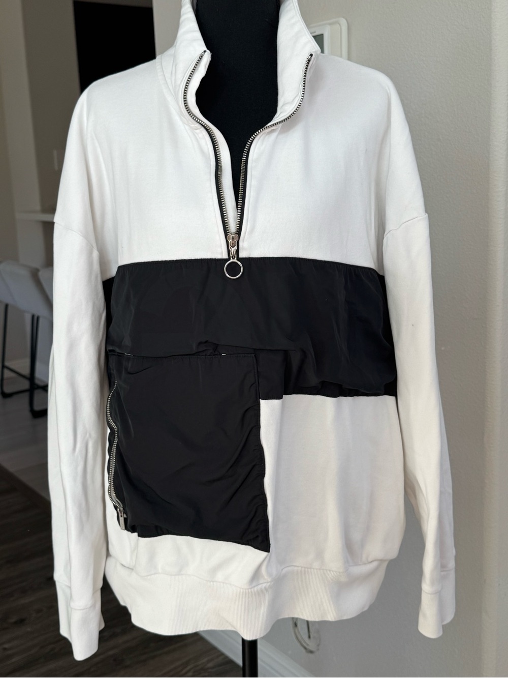 HUGO Boss Half Zip Sweatshirt White Black Colorblock Pocket Oversized XL